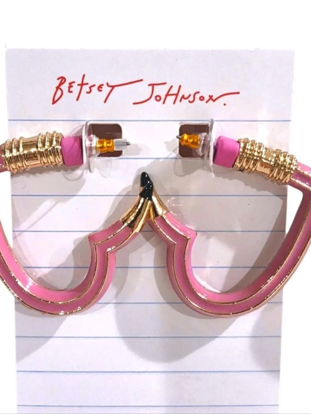 BETSEY JOHNSON Best In Class Pink Heart Pencil  Huggie Earrings, NEW WITH TAGS